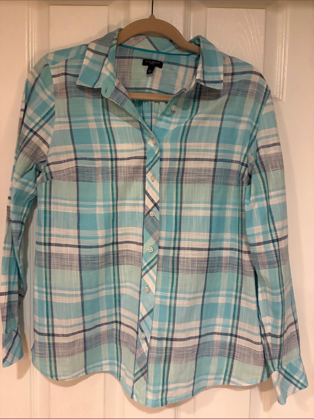 Talbots Aqua, White and Light Blue Plaid Button-Down Shirt